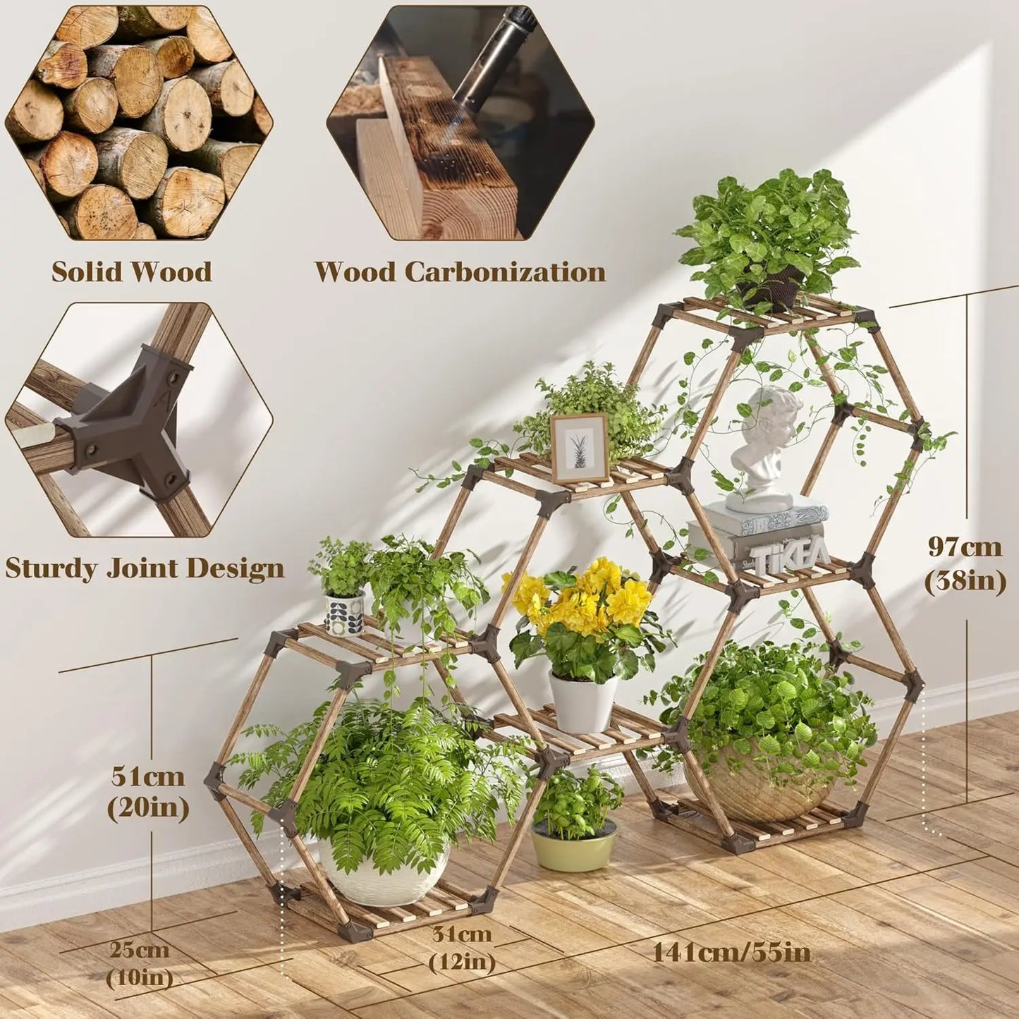 Hexagonal 7-Tier Wooden Plant Stand for Indoor Outdoor Use