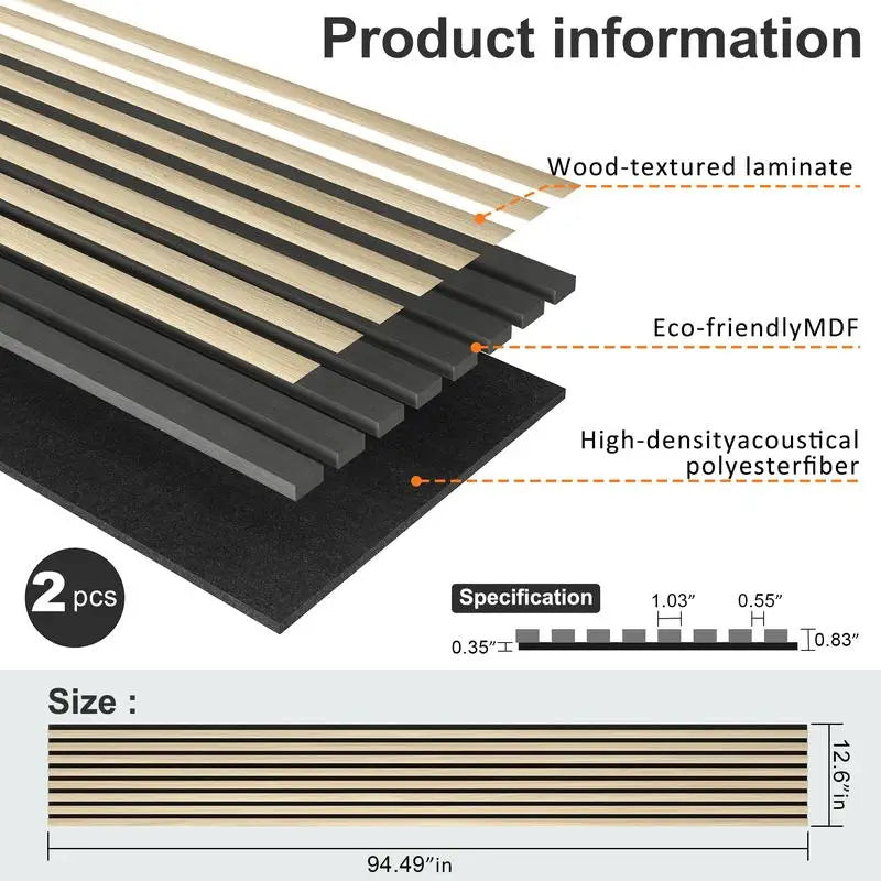 Soundproof Wood Slat Wall Panels, 2 Pack 94.5" x 12.6" Acoustic Panels