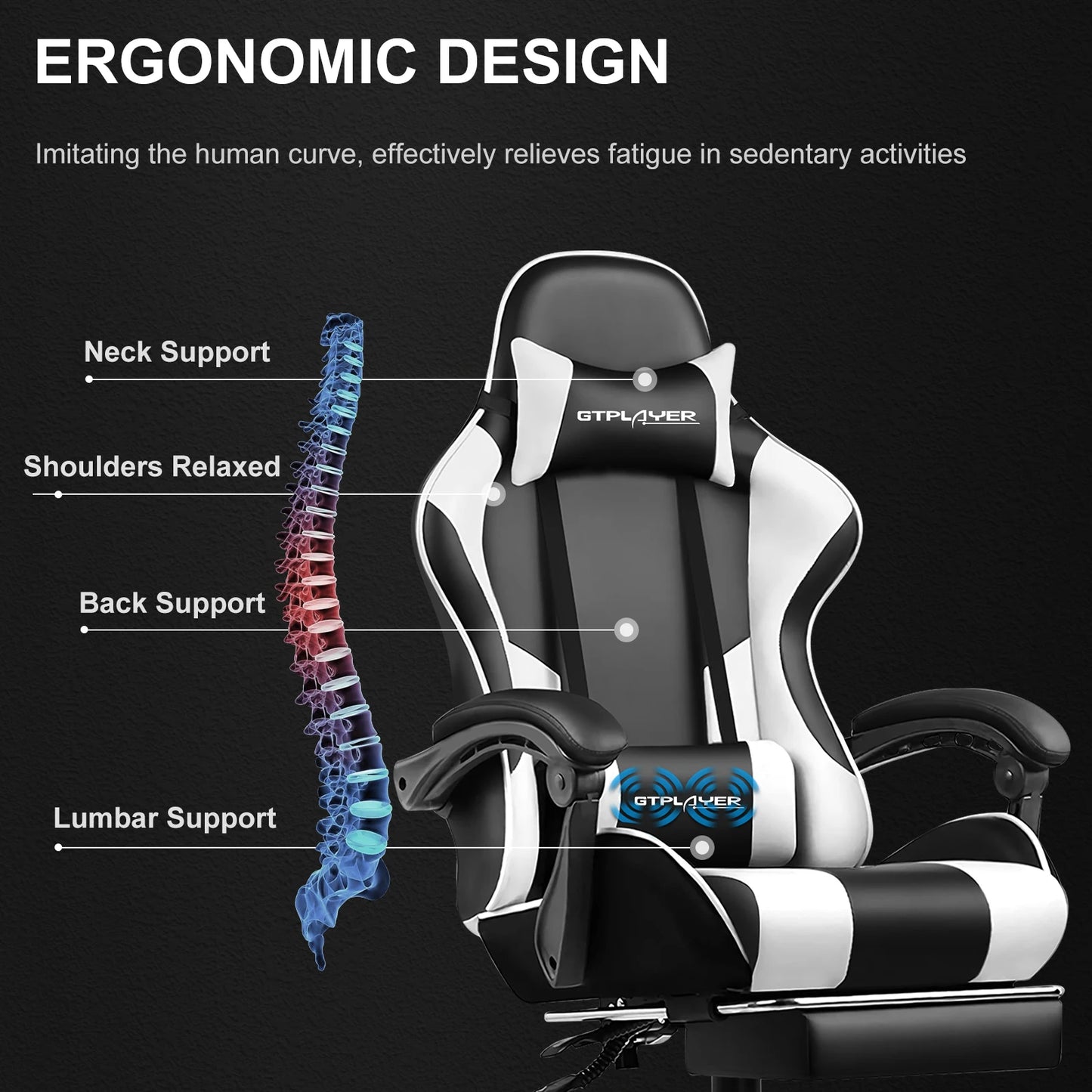 GTPLAYER Gaming Chair with Footrest, Lumbar Support, Adjustable Height, Swivel Seat, Headrest