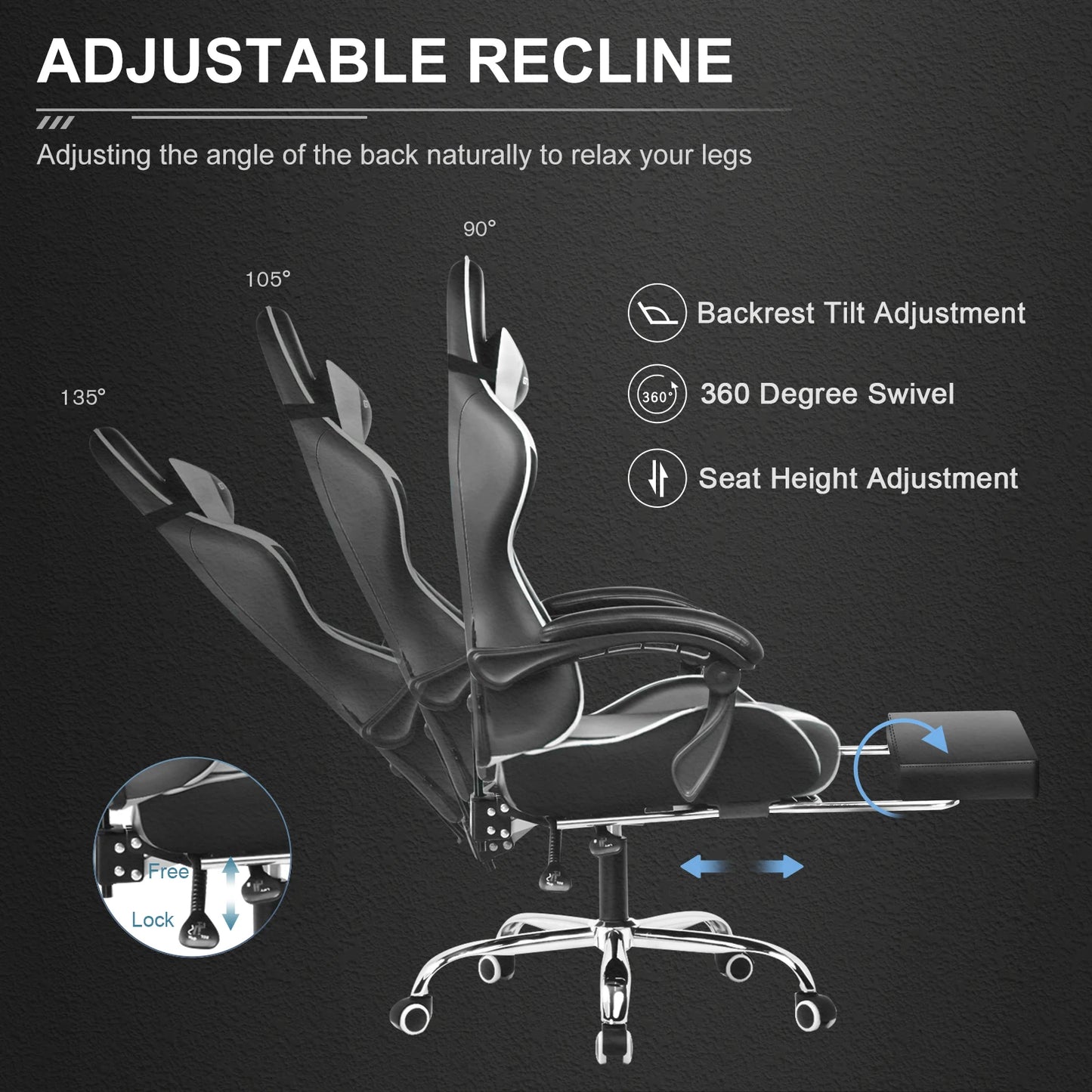 GTPLAYER Gaming Chair with Footrest, Lumbar Support, Adjustable Height, Swivel Seat, Headrest