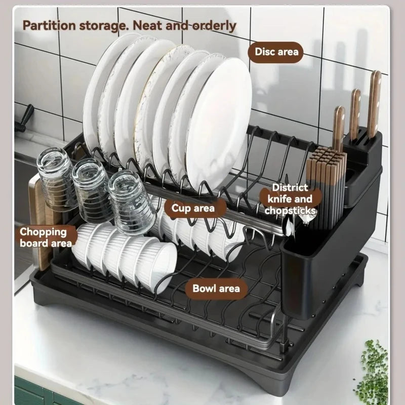 2-Tier Black Kitchen Dish Drying Rack, Multifunctional Tableware Drain Rack with Chopsticks, Knife, Fork & Cup Storage Holder