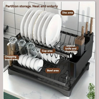 2-Tier Black Kitchen Dish Drying Rack, Multifunctional Tableware Drain Rack with Chopsticks, Knife, Fork & Cup Storage Holder