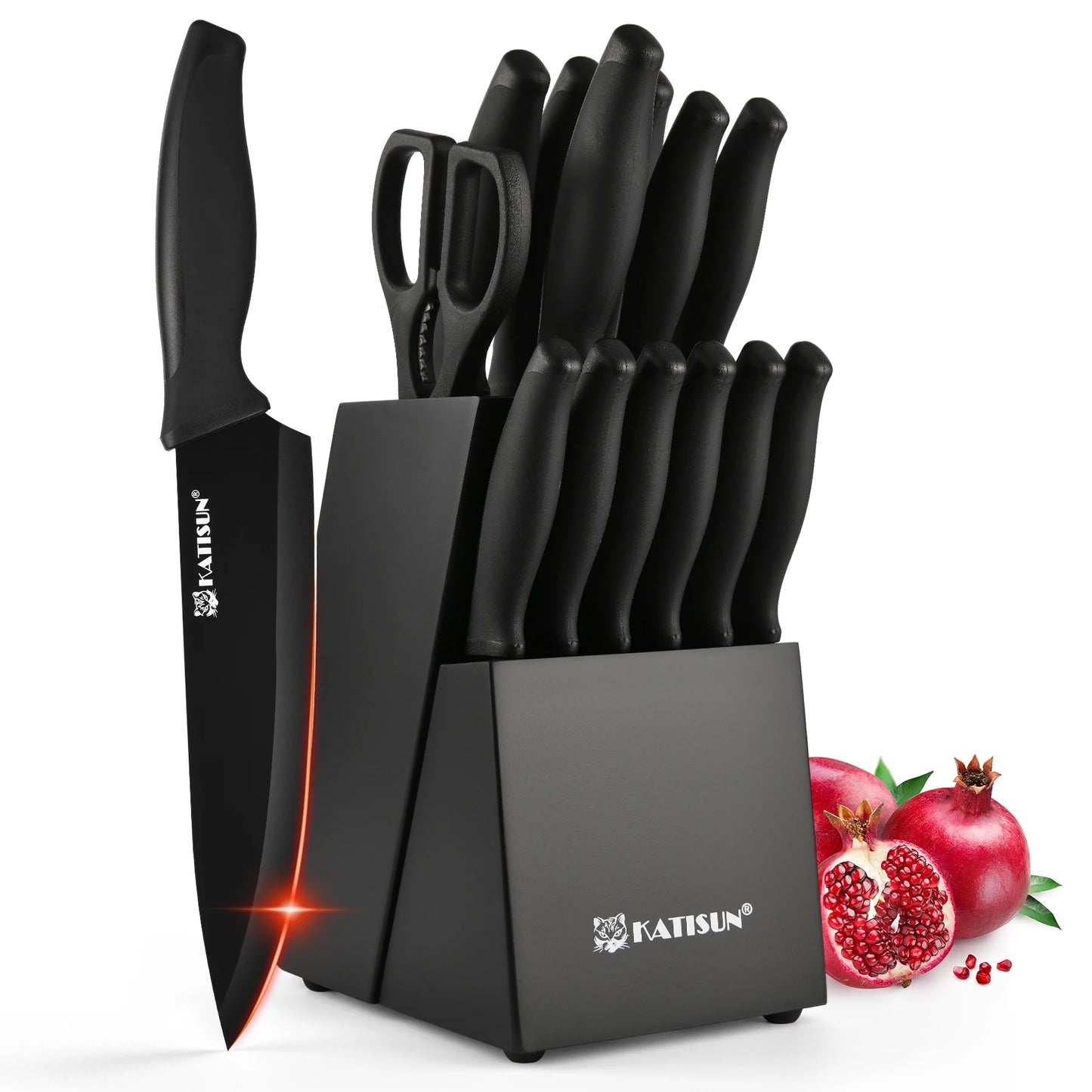 15 Pieces Carbon Steel Kitchen Knife Block Set, Built-in Knife Sharpener