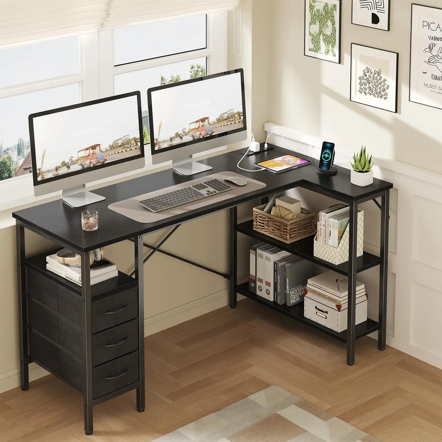 L Shaped Desk with Shelf Drawers 55 Inch Corner Computer Desk