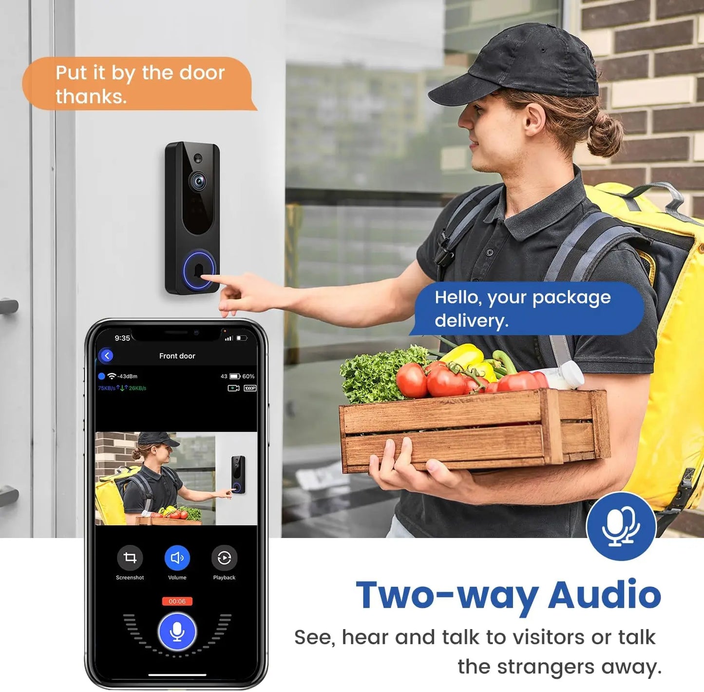Wireless Video Doorbell with AI Detection, Night Vision