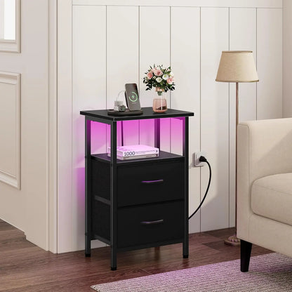 2-Piece Nightstand Set with LED Lights & Charging Station