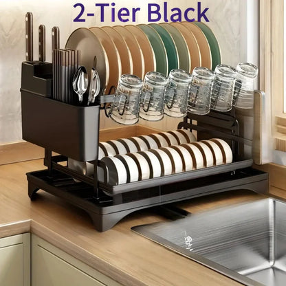 2-Tier Black Kitchen Dish Drying Rack, Multifunctional Tableware Drain Rack with Chopsticks, Knife, Fork & Cup Storage Holder