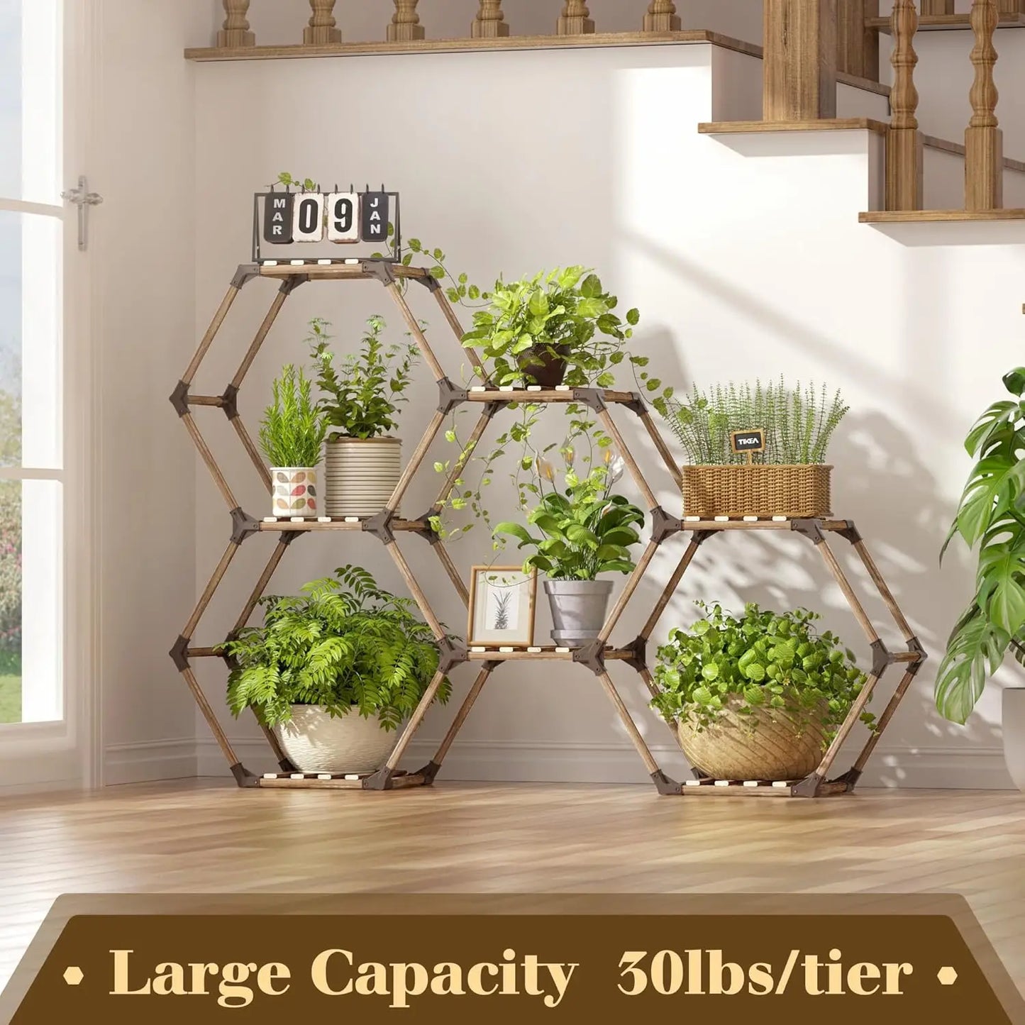 Hexagonal 7-Tier Wooden Plant Stand for Indoor Outdoor Use