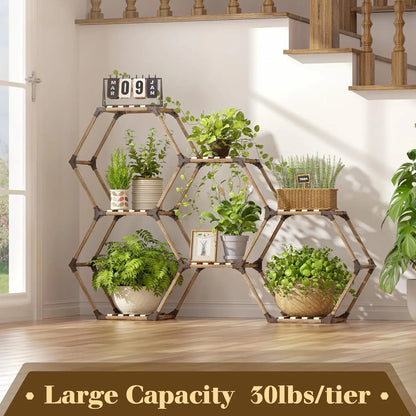 Hexagonal 7-Tier Wooden Plant Stand for Indoor Outdoor Use