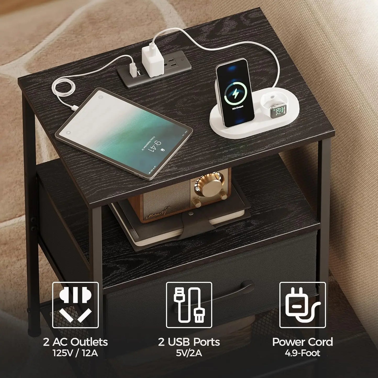 2-Piece Night Stand Set with Charging Station, LED Lights, Fabric Drawer & 3-Tier Shelves for Bedroom - Black