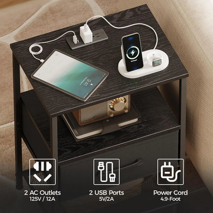 2-Piece Night Stand Set with Charging Station, LED Lights, Fabric Drawer & 3-Tier Shelves for Bedroom - Black