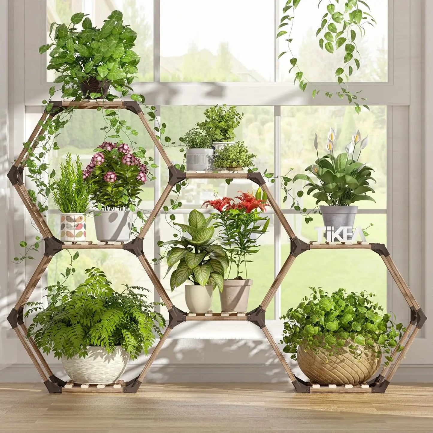 Hexagonal 7-Tier Wooden Plant Stand for Indoor Outdoor Use