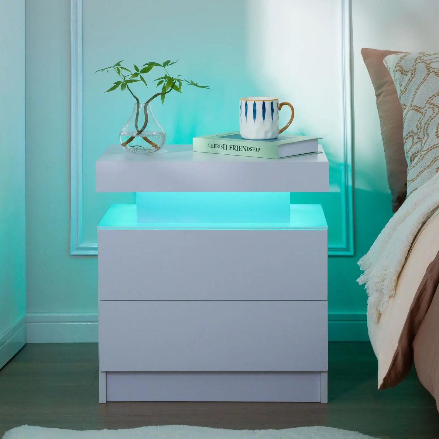Nightstand Set of 2 LED Nightstand with 2 Drawers and LED lights