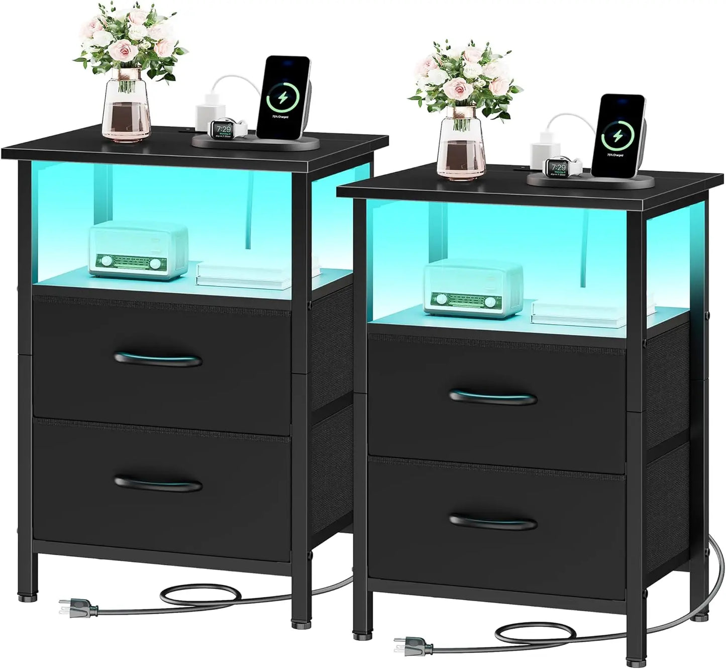 2-Piece Nightstand Set with LED Lights & Charging Station