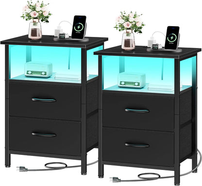 2-Piece Nightstand Set with LED Lights & Charging Station