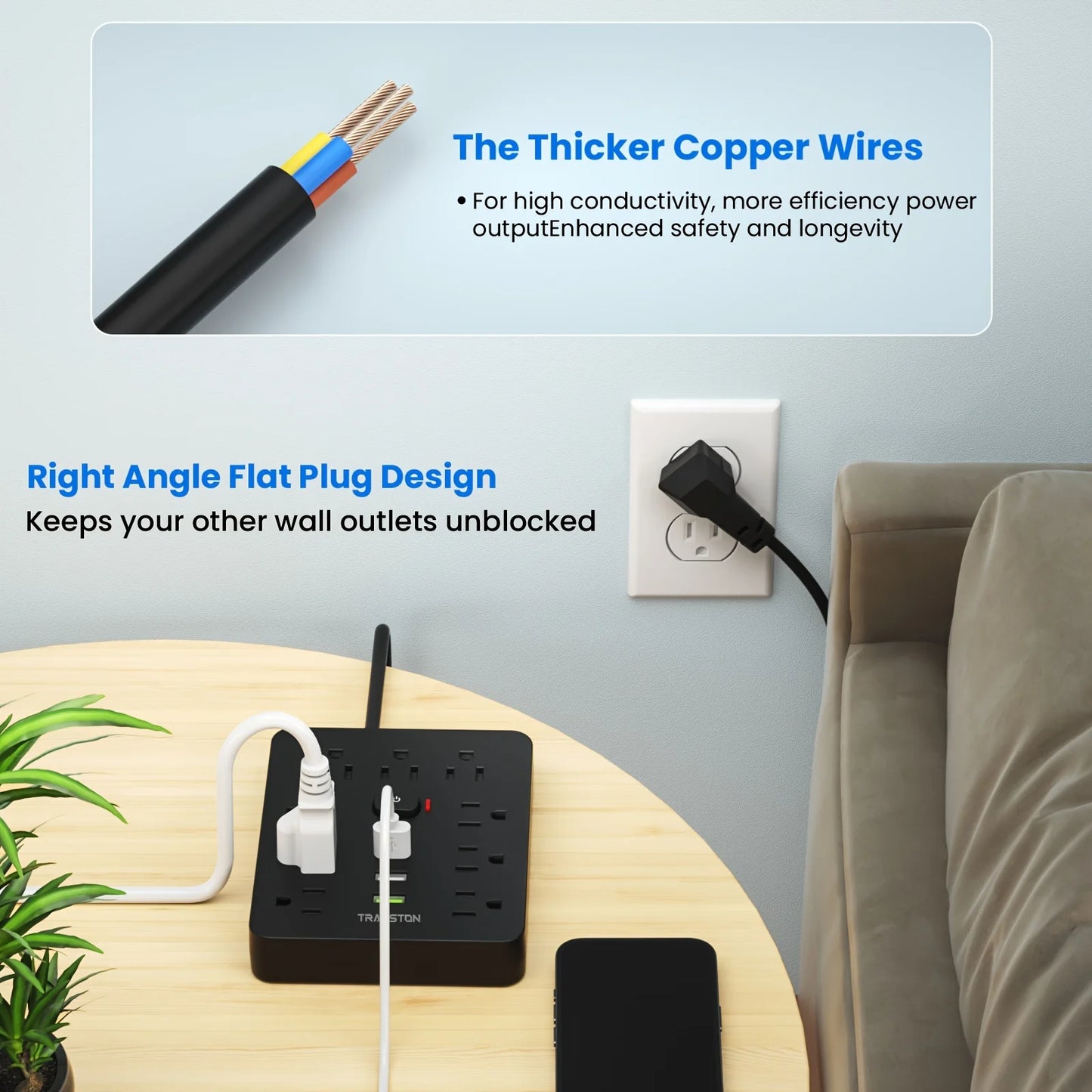 Power Outlet with Surge Protector, 9 power strip 3 USB Ports, 5ft Extension Cord, Quick Charge