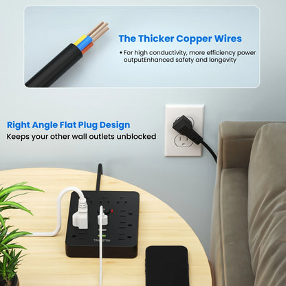 Power Outlet with Surge Protector, 9 power strip 3 USB Ports, 5ft Extension Cord, Quick Charge