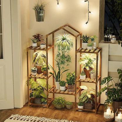 Wood Plant Shelf with Grow Lights for Indoor Hanging Planter