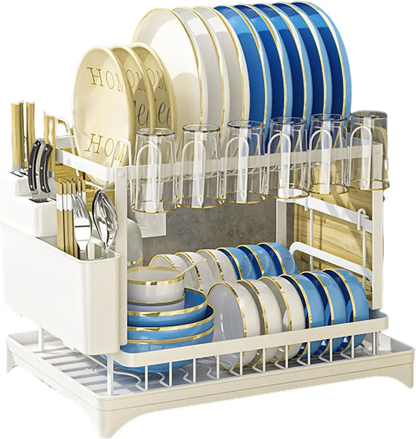 Kitchen countertop 2-tier dish drying rack, kitchen countertop dish drainer with drip tray, metal kitchen dish rack with drip tray