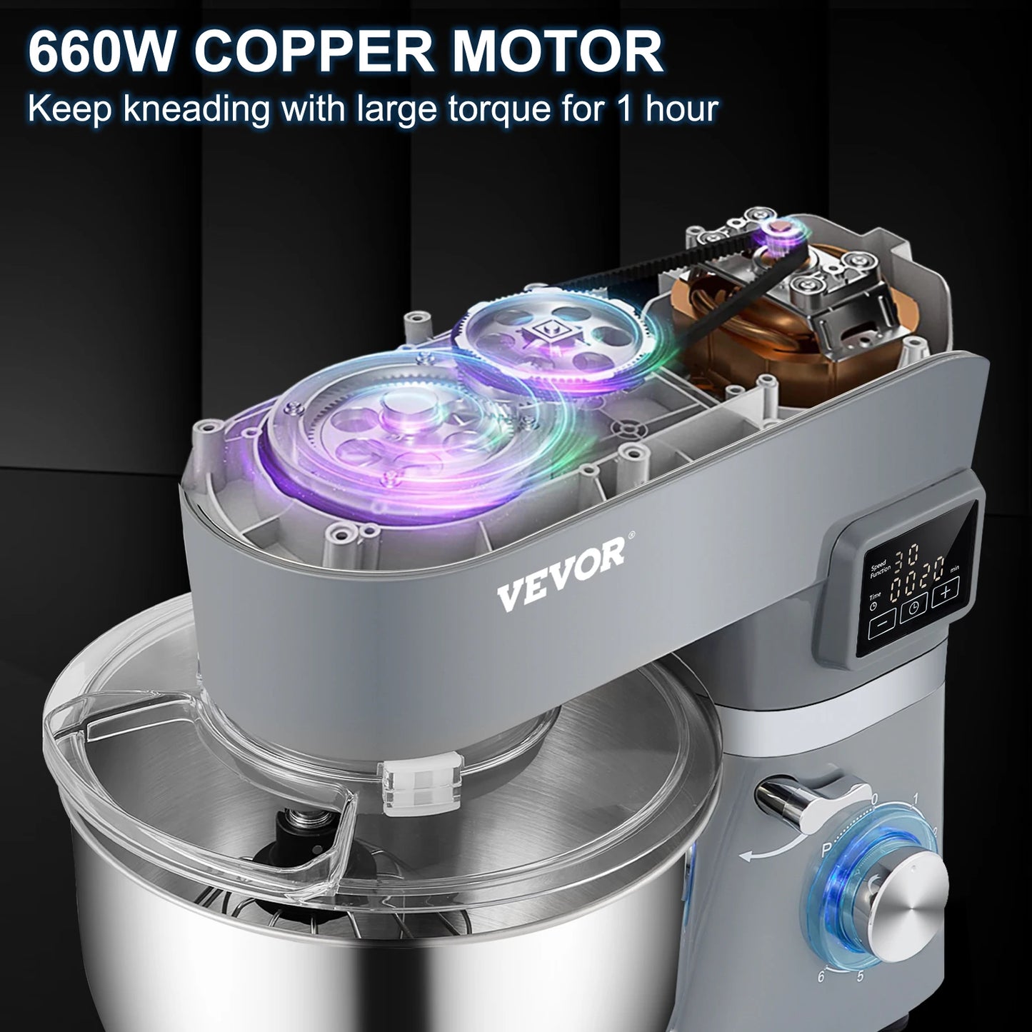 Stand Mixer Electric Dough Mixer with 6 Speeds LCD Screen Timing 5.8 Qt Stainless Steel Bowl