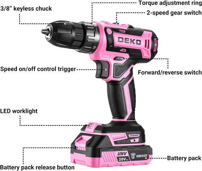 Power Drill Cordless: Pink Cordless Drill 20V Electric Power Drill Set