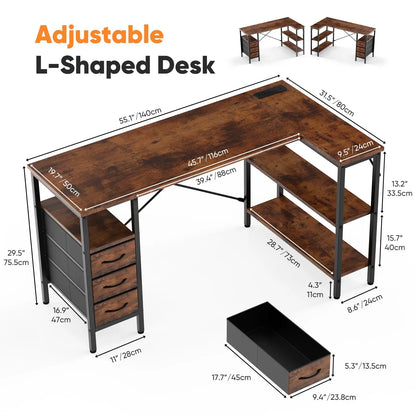 L Shaped Desk with Shelf Drawers 55 Inch Corner Computer Desk