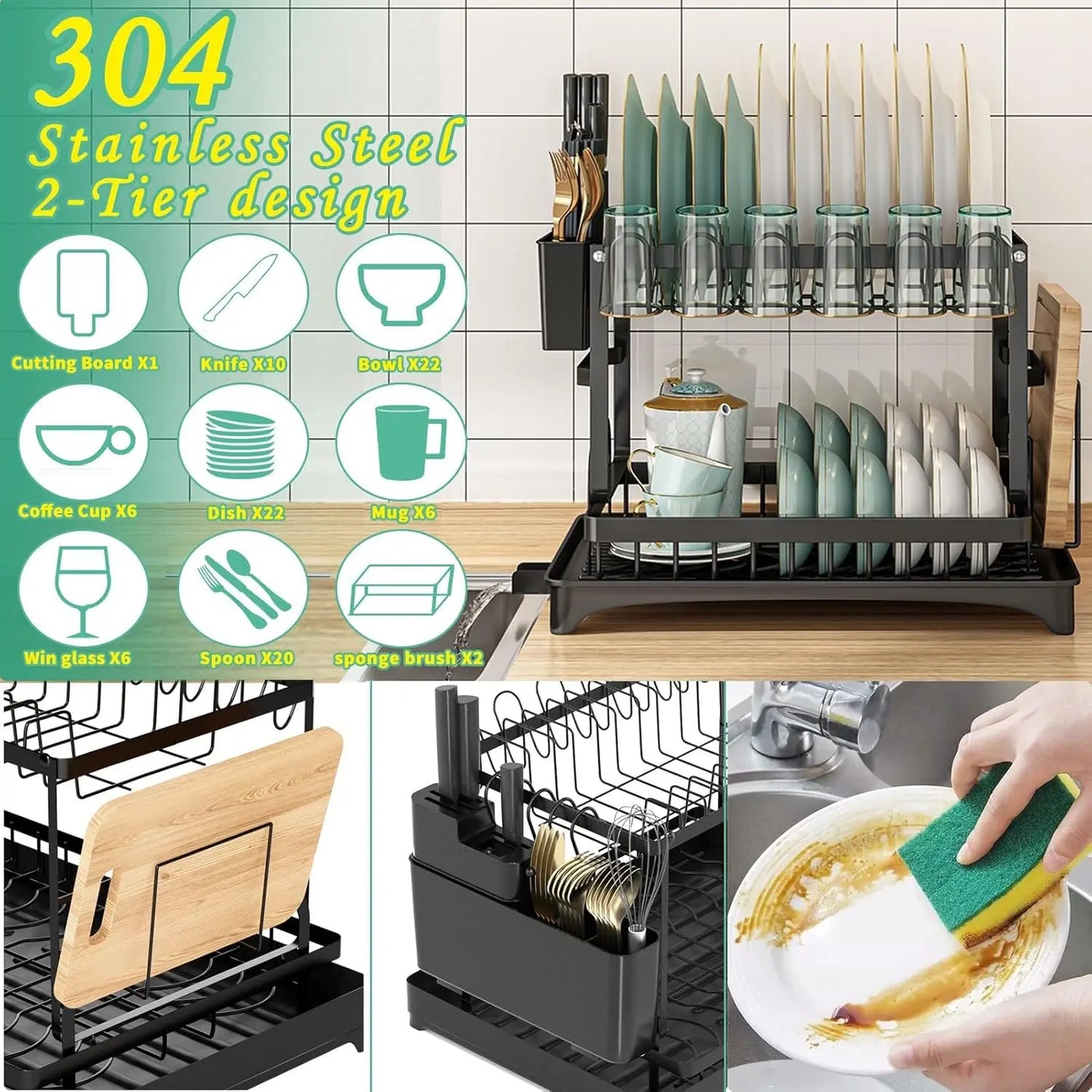 Kitchen countertop 2-tier dish drying rack, kitchen countertop dish drainer with drip tray, metal kitchen dish rack with drip tray