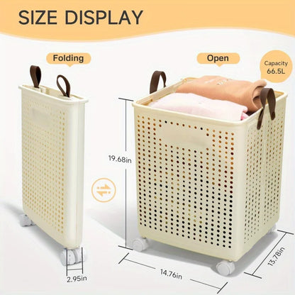 66.5L Foldable Laundry Basket with Wheels - XL Collapsible Storage Bin for Clothes, Toys, Bathroom (14x15x20 inch)