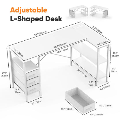 L Shaped Desk with Shelf Drawers 55 Inch Corner Computer Desk