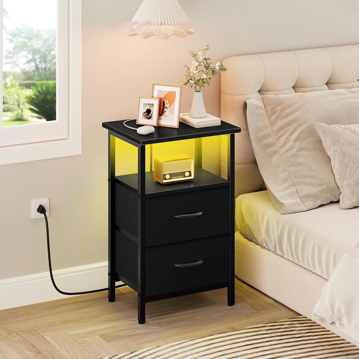 2-Piece Nightstand Set with LED Lights & Charging Station