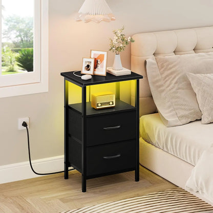 2-Piece Nightstand Set with LED Lights & Charging Station