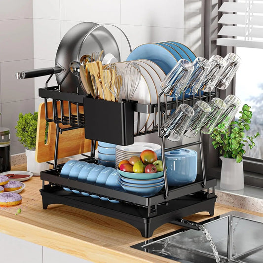 Kitchen countertop 2-tier dish drying rack, kitchen countertop dish drainer with drip tray, metal kitchen dish rack with drip tray