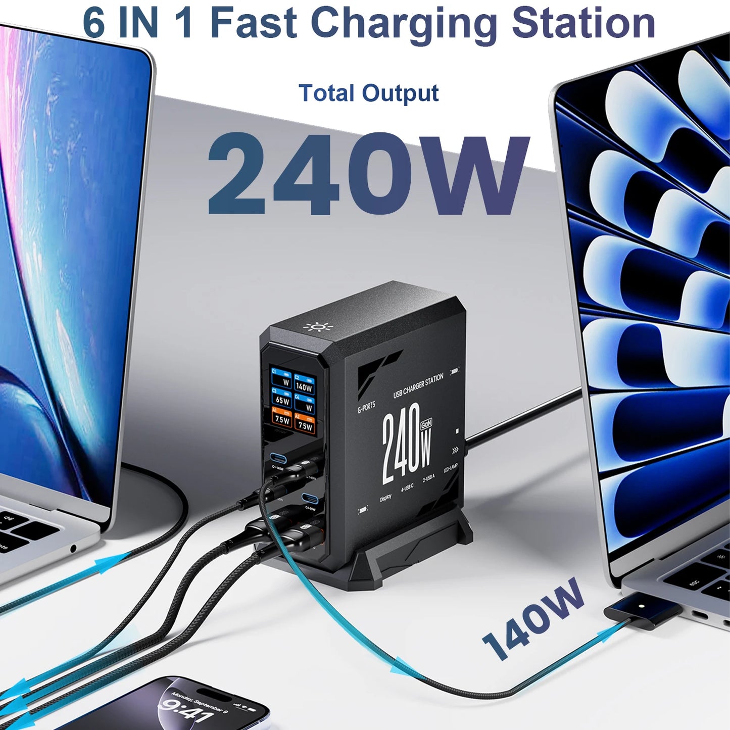 Fast Charging Station 6 in 1 Desktop Charger For MacBook iPhone 16 Samsung