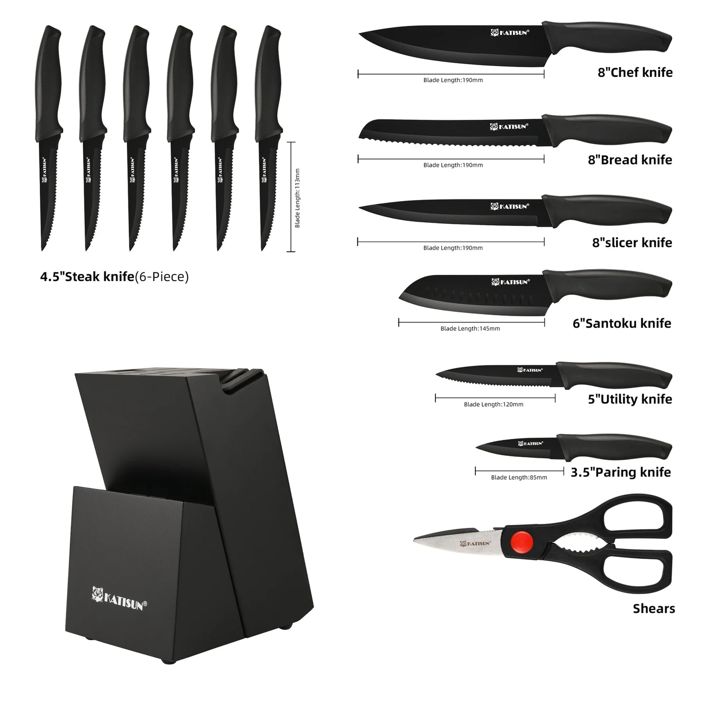15 Pieces Carbon Steel Kitchen Knife Block Set, Built-in Knife Sharpener