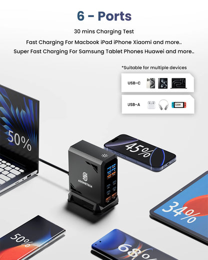 Fast Charging Station 6 in 1 Desktop Charger For MacBook iPhone 16 Samsung
