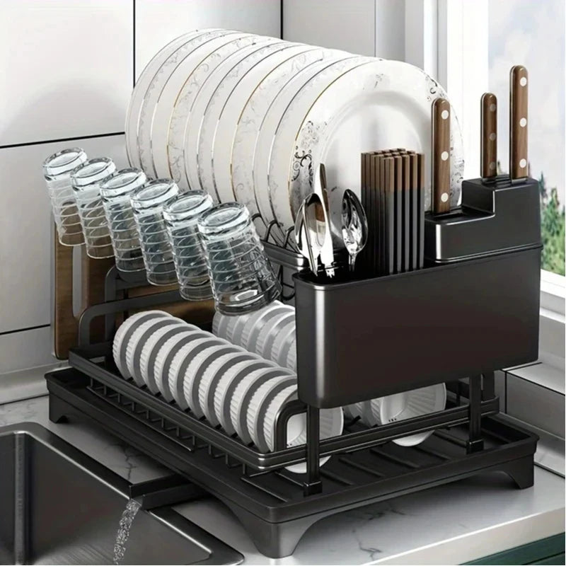 2-Tier Black Kitchen Dish Drying Rack, Multifunctional Tableware Drain Rack with Chopsticks, Knife, Fork & Cup Storage Holder