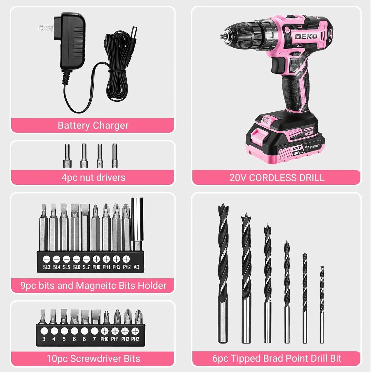 Power Drill Cordless: Pink Cordless Drill 20V Electric Power Drill Set