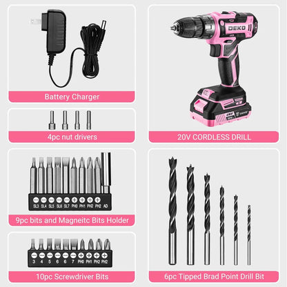 Power Drill Cordless: Pink Cordless Drill 20V Electric Power Drill Set