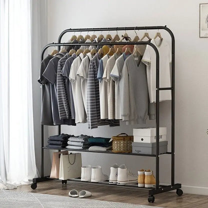Heavy Metal Double Clothes Rail Hanging Rack Storage Shelf Rolling Closet Organizer