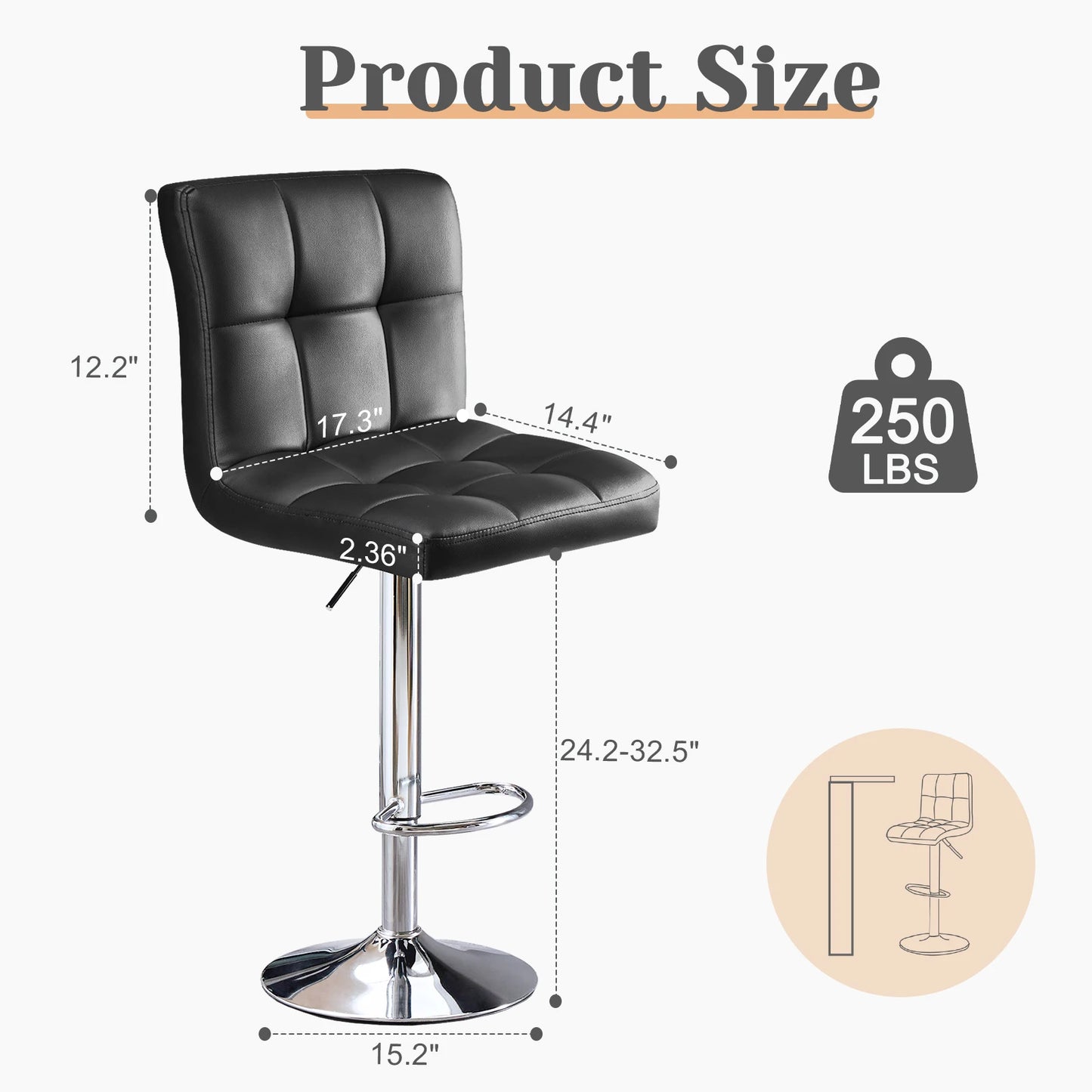 Leather Bar Stools Set of 2,Upholstered Counter Height Bar Stools,SGS Certified Gas Gylinder Comfortbale Backrest
