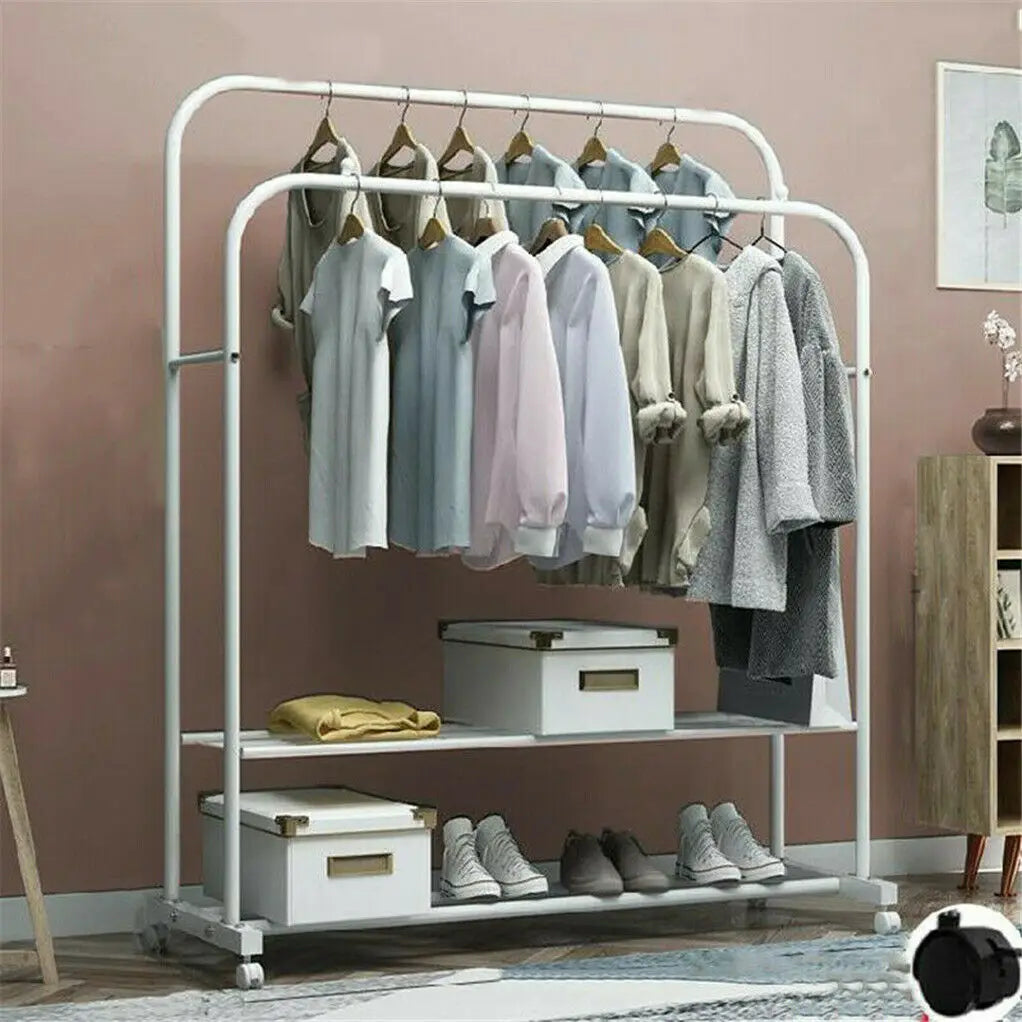 Heavy Metal Double Clothes Rail Hanging Rack Storage Shelf Rolling Closet Organizer