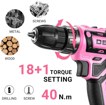 Power Drill Cordless: Pink Cordless Drill 20V Electric Power Drill Set
