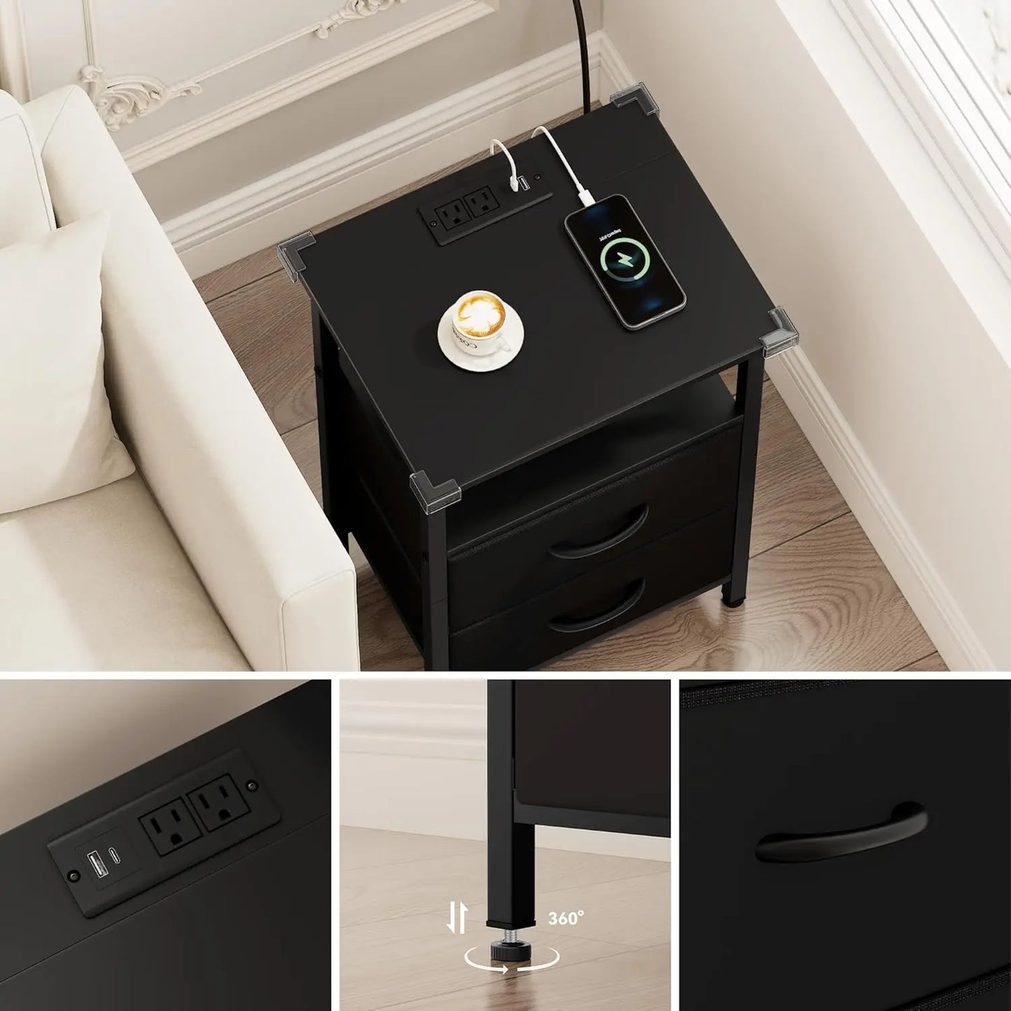 2-Piece Nightstand Set with LED Lights & Charging Station