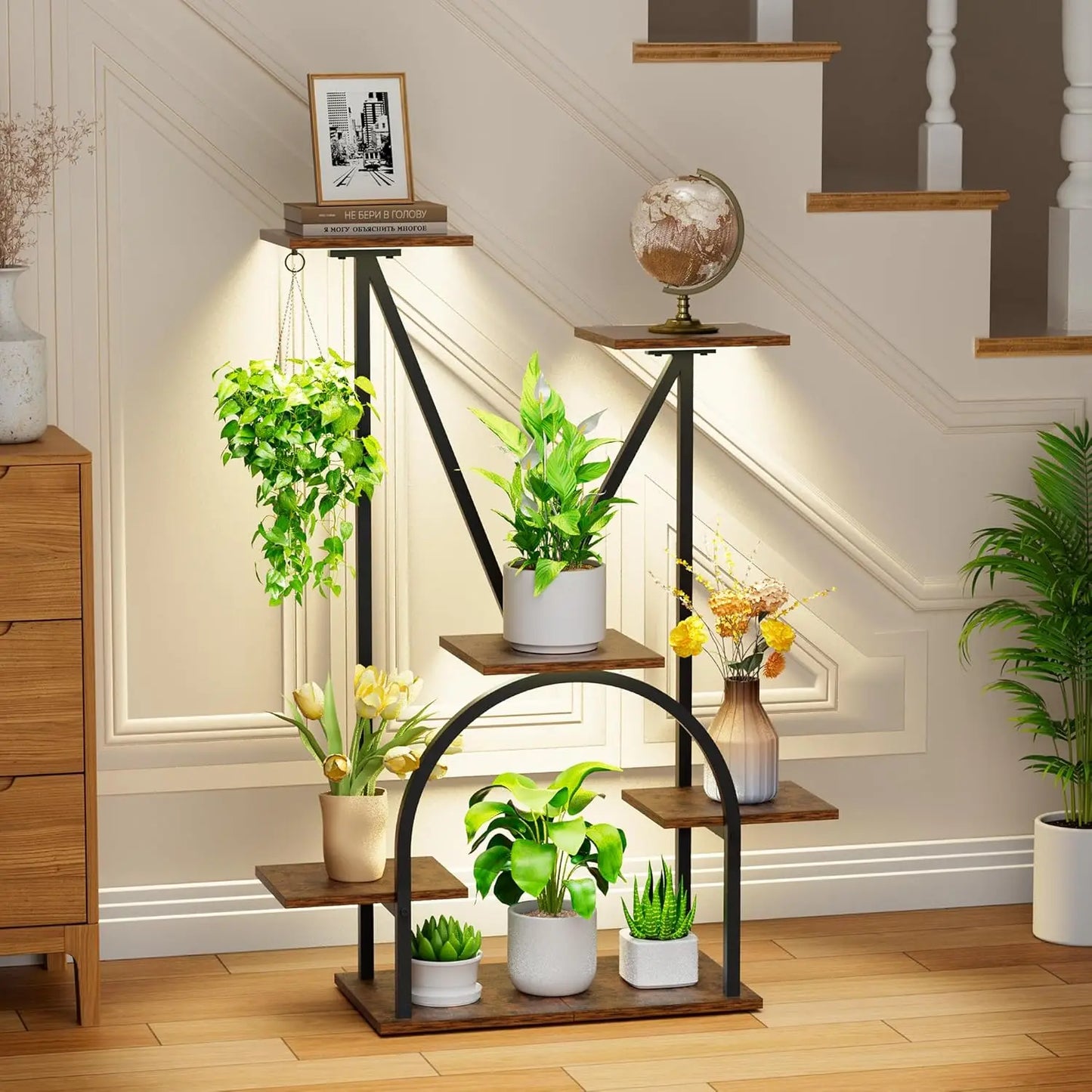 6-Tier Corner Plant Stand with Grow Light, 39-Inch Metal Shelf for Indoor Plants, Living Room & Patio