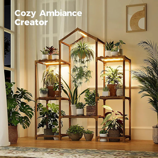 Wood Plant Shelf with Grow Lights for Indoor Hanging Planter