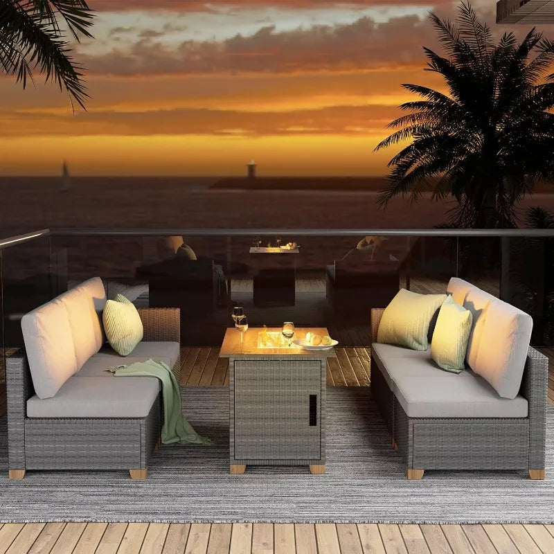 Patio sectional 5 Pieces Wicker Outdoor Furniture Set with Fire Pit