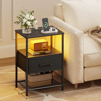 2-Piece Night Stand Set with Charging Station, LED Lights, Fabric Drawer & 3-Tier Shelves for Bedroom - Black