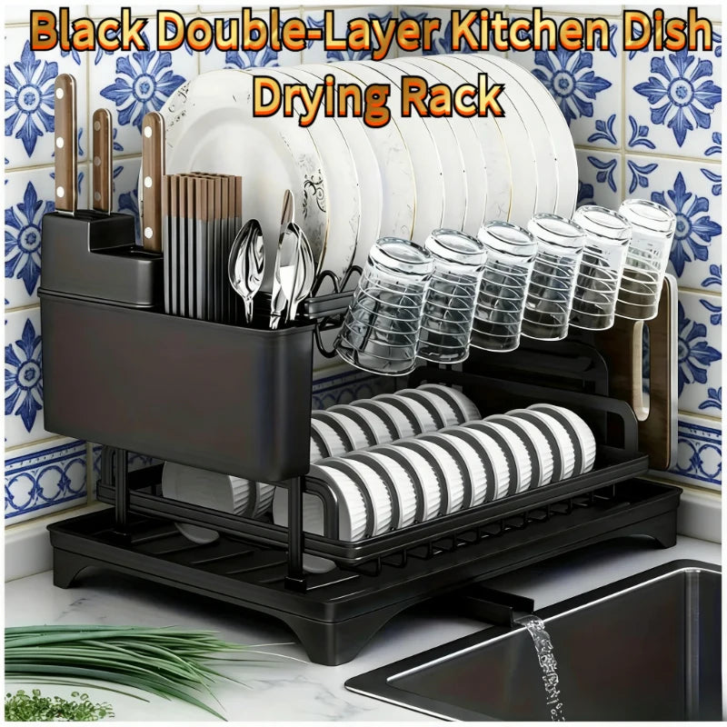2-Tier Black Kitchen Dish Drying Rack, Multifunctional Tableware Drain Rack with Chopsticks, Knife, Fork & Cup Storage Holder