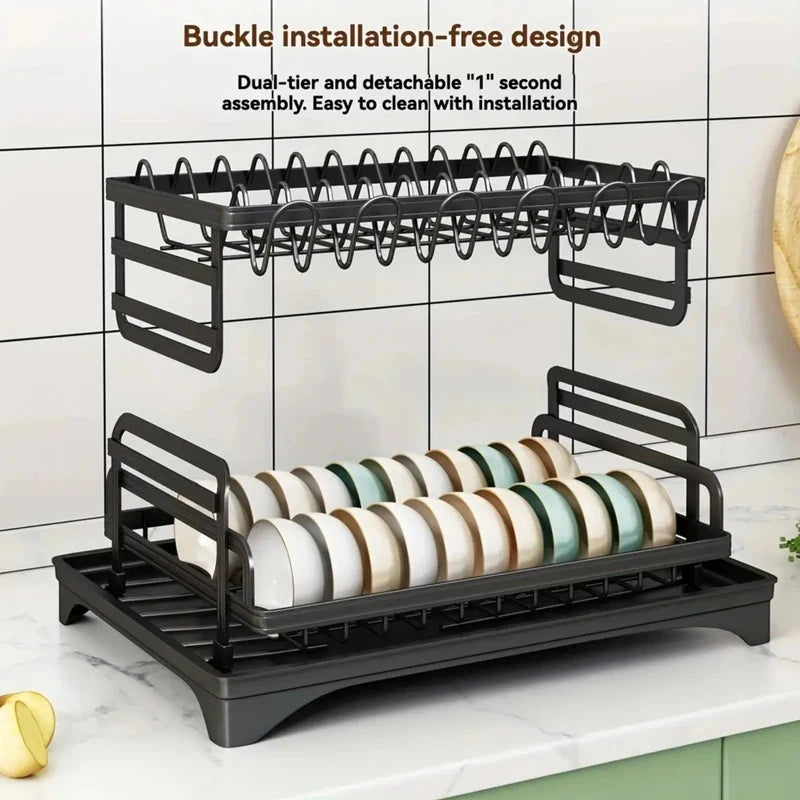 2-Tier Black Kitchen Dish Drying Rack, Multifunctional Tableware Drain Rack with Chopsticks, Knife, Fork & Cup Storage Holder