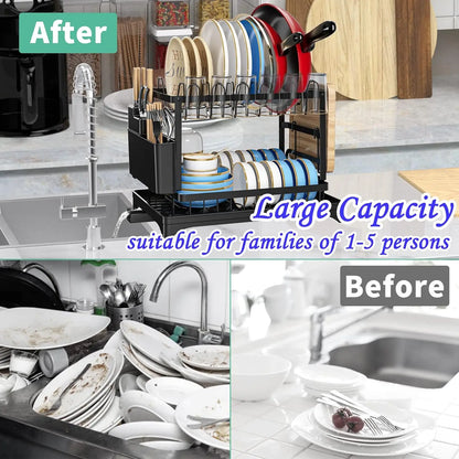 Kitchen countertop 2-tier dish drying rack, kitchen countertop dish drainer with drip tray, metal kitchen dish rack with drip tray